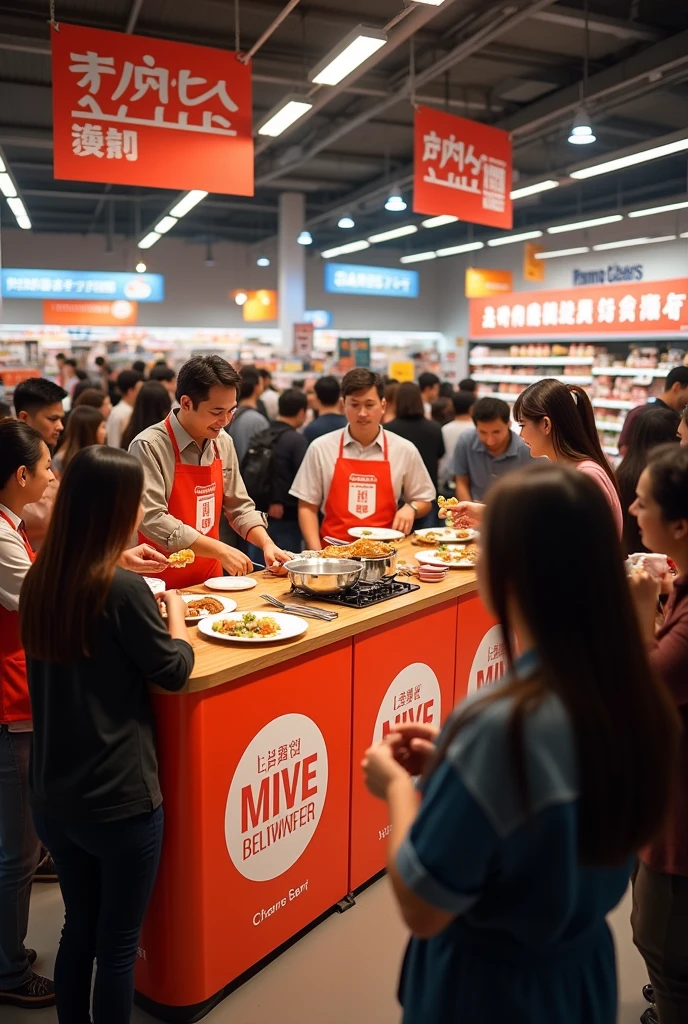 Food products live cooking and sampling in a supermarket for fmcg company with promotional table with logo and tasting crowd