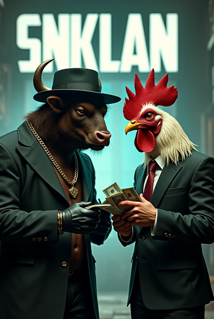 Letters that say SNKLAN IN THE BACKGROUND A BULL NEXT TO A ROOSTER counting money like gangsters 