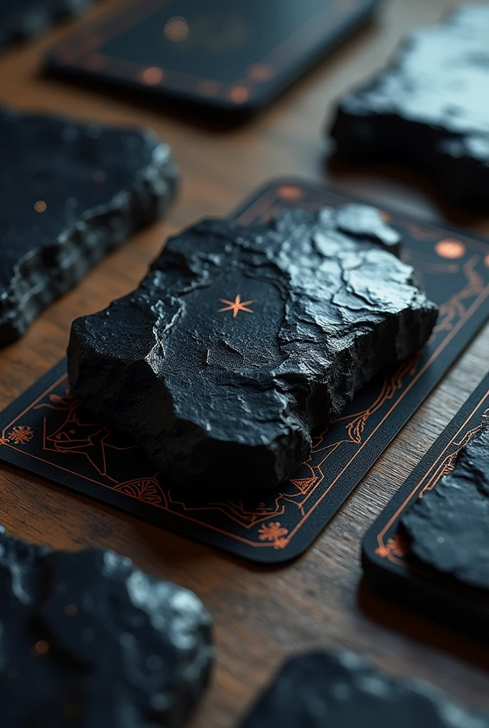 The picture on the card is an onyx power stone card.,masterpiece, Highest quality, (Highly detailed CG Unity 8k wallpaper), (Highest quality), (Best illustrations), (Best Shadow), Absurd, Realistic lighting, (abyss), Beautiful sparkle, Tarot Cards,Fortune-telling tools,Opaque black gemstone、