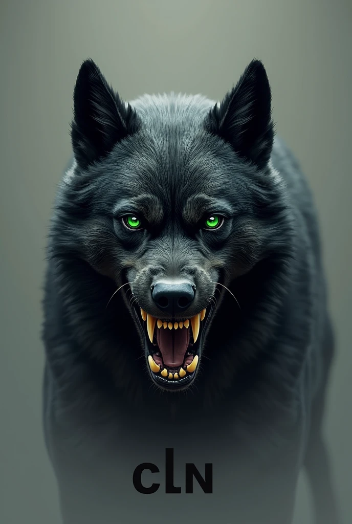 Realistic logo of an imposing black angry dog looking at the camera with green eyes formed with the letters cln