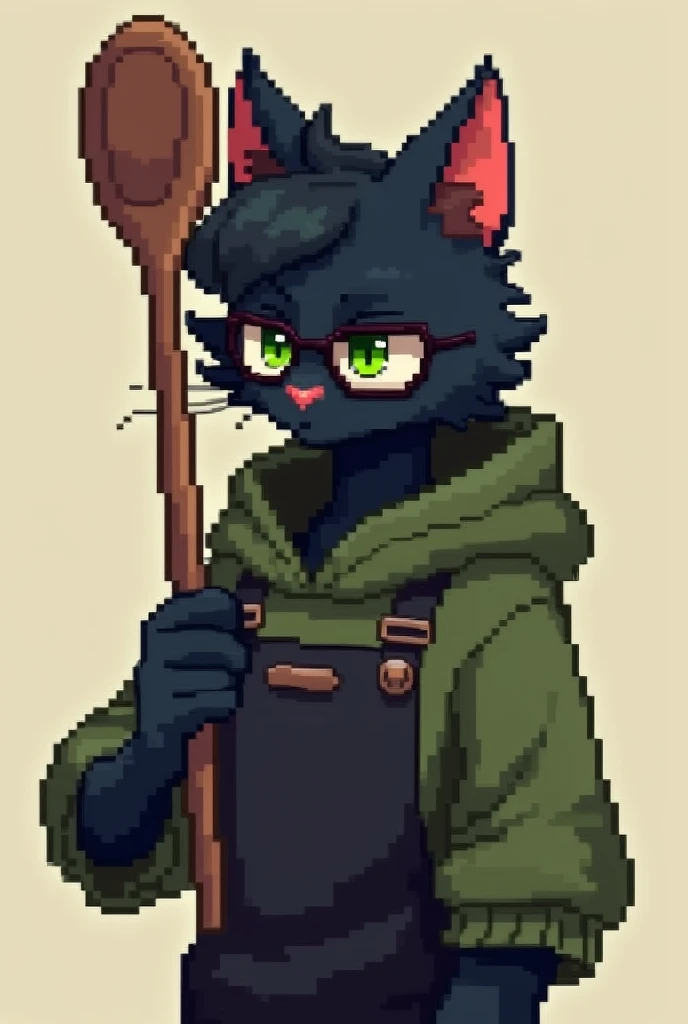 (pixel art 16 bits), skinny male black cat with green eyes,with glasses, curly medium hair, wearing a olive hoodie covering its face and a black chefs apron, holding a big wooden spoon like a greatsword