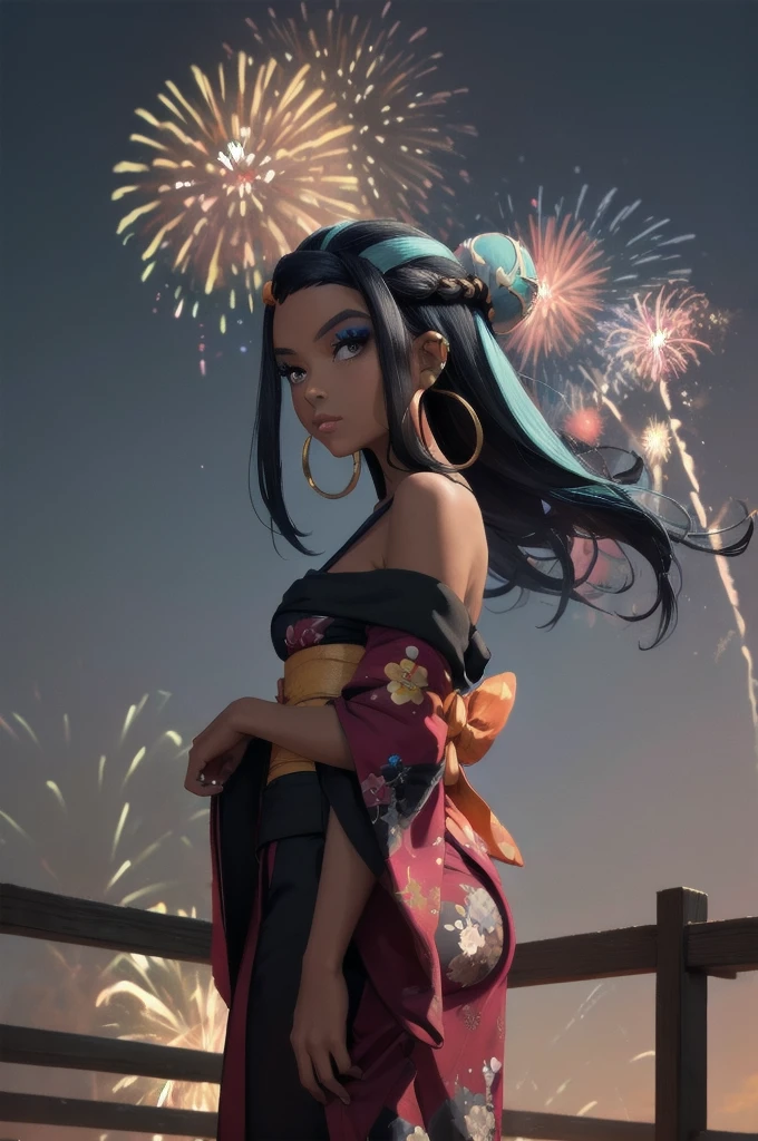 masterpiece, best quality, solo, 1girl, nessarnd, dark skin, makeup, single hair bun, kimono, hoop earrings, bare shoulders, fireworks ,standing