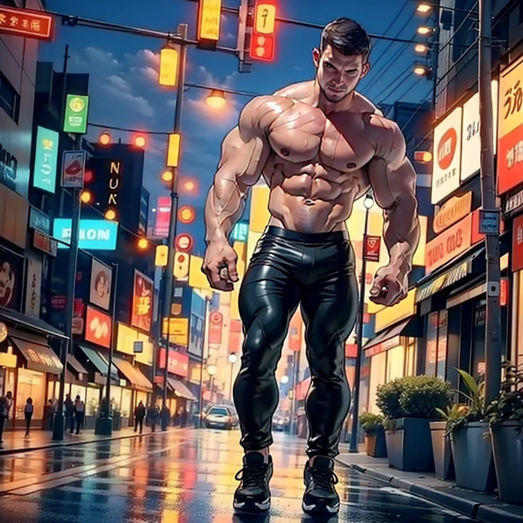 masterpiece, 32k, solo man , 1boy, best quality, detailed face, natural eyes, 1man, mature man,hunk and handsome ,tall, lean muscled and mature, stephen amell in mid forties (((shirtless ))) ,wearing black pants and sneakers , showing bulge and sweating, tight cloth showing his bulge , full body walking down the street at night, background city at night, total body view
