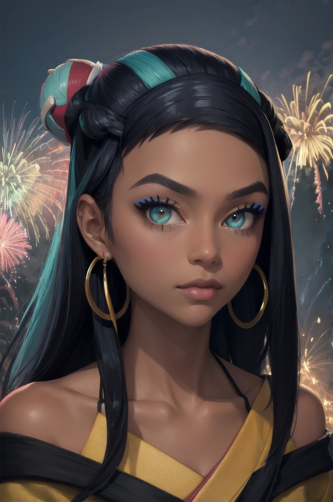 masterpiece, best quality, solo, 1girl, nessarnd, dark skin, makeup, single hair bun, kimono, hoop earrings, bare shoulders, fireworks