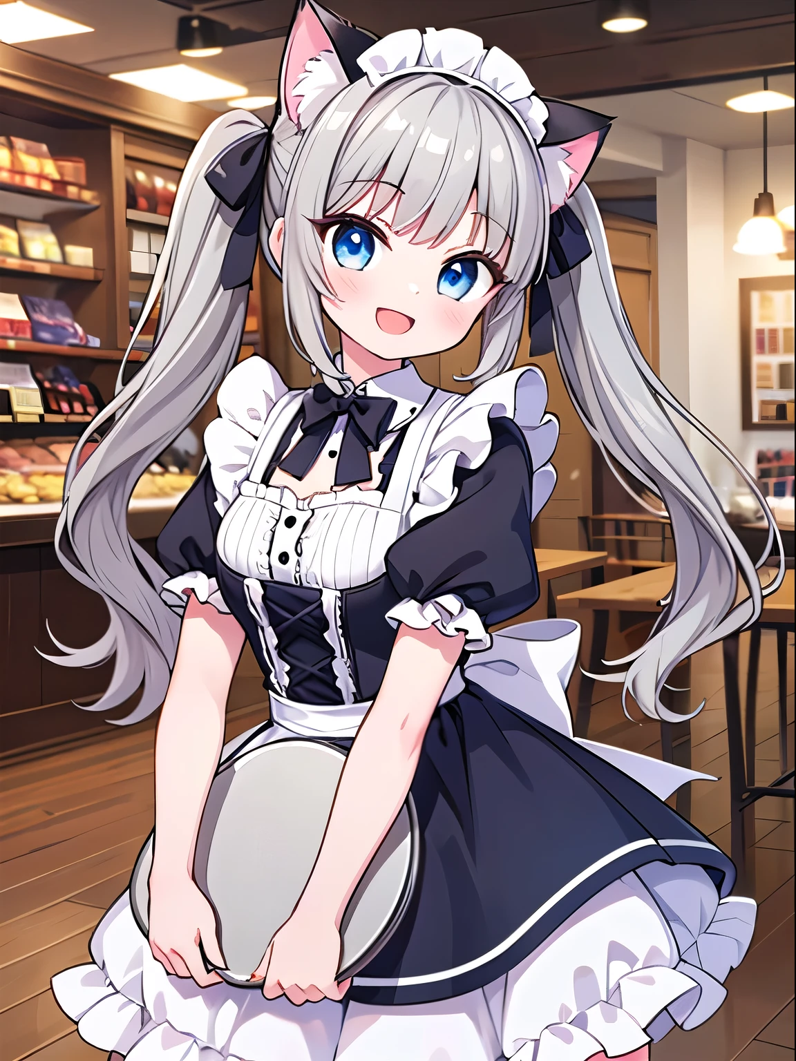 Maid clothes, Short sleeve, (One girl), cute, (smile:1.3), (Open your mouth:1.3), (Holding the tray:1.2), (Cat ear), ((Gray Hair)), Medium twin tails, Blue Eyes, maid Cafe, Inside the store, (Cowboy Shot), ((Highest quality)), ((masterpiece)), (detailed), Perfect Face, Perfect Arms, Perfect hands, Perfect Fingers, anime, Ultra-fine illustration,