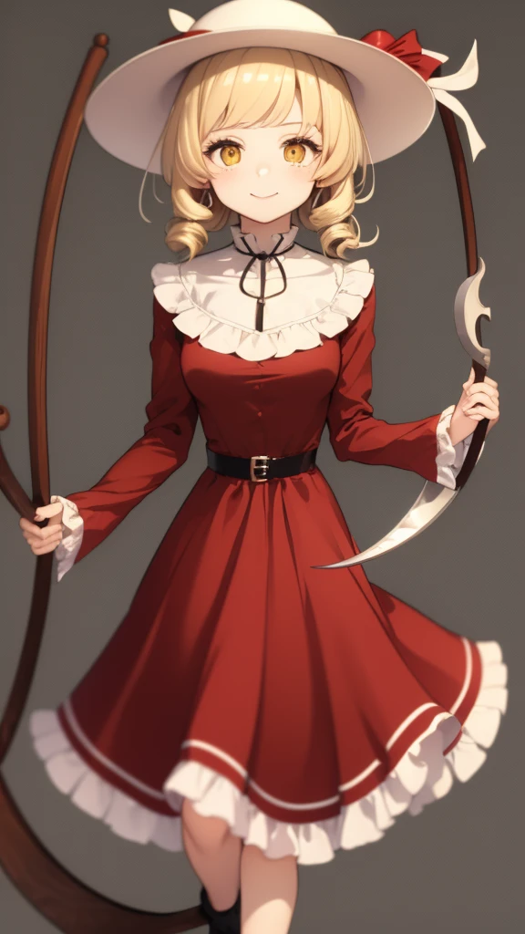 a drawing of an anime character in a red dress and boots with a large scythe, ((high end)), (UHD picture), (best quality,4k,8k,highres,masterpiece:1.2), top-quality(​masterpiece), top-quality, ultra-detailed, highly detailed texture, intricate details, high quality textures, masterpiece, best quality, perfect quality, perfect anatomy, perfect body, perfect symmetrical face, perfect hands, perfect feet, (two arms:1.2), (two legs:1.2), (five fingers each:1.2), (perfect joint:1.2), perfect joint movement, precise fingers and hands, 1 beautiful girl, 1 girl, alone, solo, , 10 years old, (((****))), ((childish)), hat, white hat, blonde hair, long hair, parted bangs, drill hair, well-formed face, yellow eyes, maxi dress, red dress, dress, long sleeves, frills, long skirt, simple background, scythe, holding scythe, holding, white socks, smile, cute face, beautiful, holding scythe