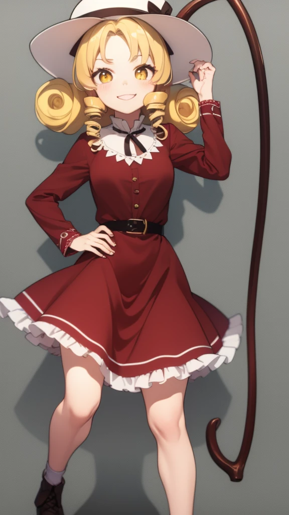 a drawing of an anime character in a red dress and boots with a large scythe, ((high end)), (UHD picture), (best quality,4k,8k,highres,masterpiece:1.2), top-quality(​masterpiece), top-quality, ultra-detailed, highly detailed texture, intricate details, high quality textures, masterpiece, best quality, perfect quality, perfect anatomy, perfect body, perfect symmetrical face, perfect hands, perfect feet, (two arms:1.2), (two legs:1.2), (five fingers each:1.2), (perfect joint:1.2), perfect joint movement, precise fingers and hands, 1 beautiful girl, 1 girl, alone, solo, , 10 years old, (((****))), ((childish)), hat, white hat, blonde hair, long hair, parted bangs, drill hair, well-formed face, yellow eyes, maxi dress, red dress, dress, long sleeves, frills, long skirt, simple background, scythe, holding scythe, holding, white socks, smile, cute face, beautiful, holding scythe