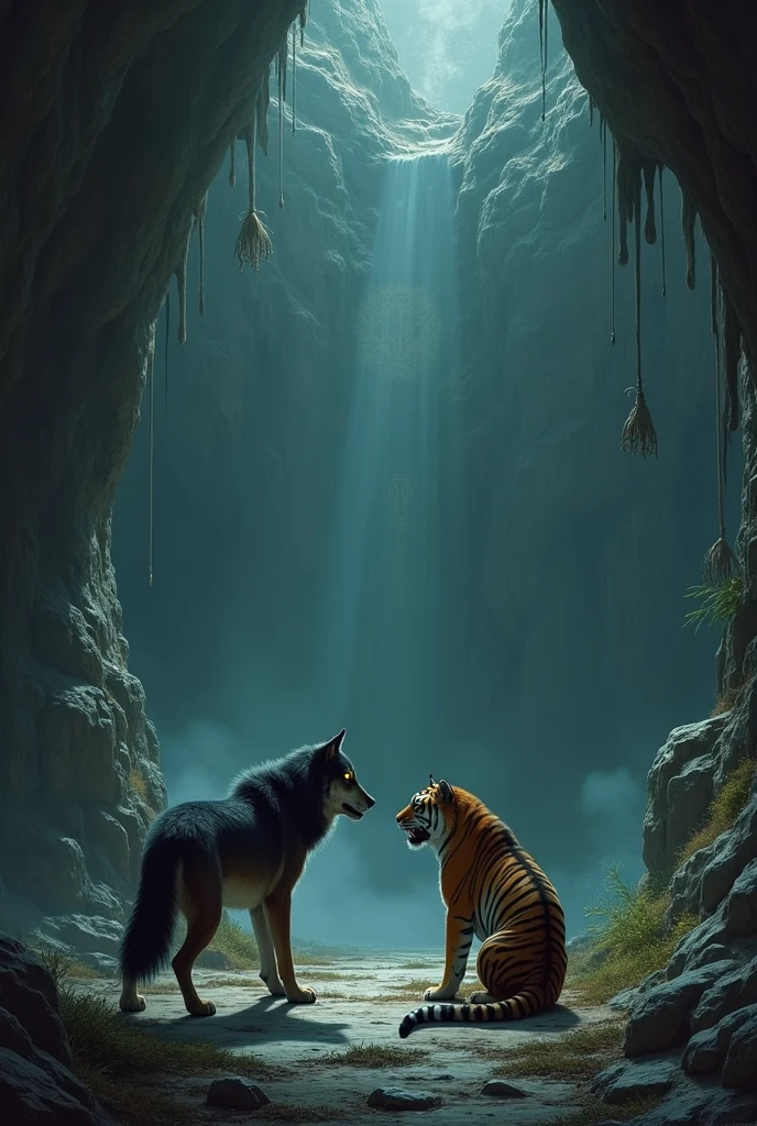 Inside the cave, the wolf speak to the tiger who is listening.