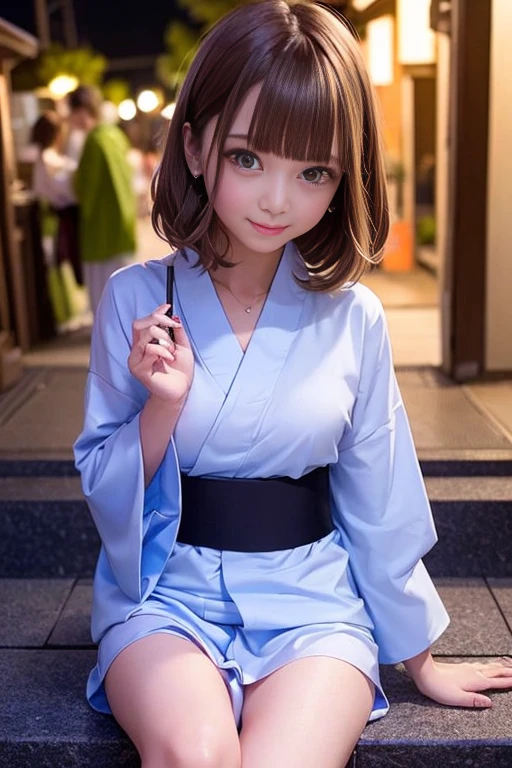 Night Festival、firework、stall、(Cute yukata、Beautiful yukata、Sexy Yukata、Yukata Cosplay)、A girl sitting on stone steps、Long raw legs、Bust Emphasis、Short Bob Hair、Medium breast、masterpiece:1.3、Raw photo quality、Highest quality、Detailed Images、Detailed Background、