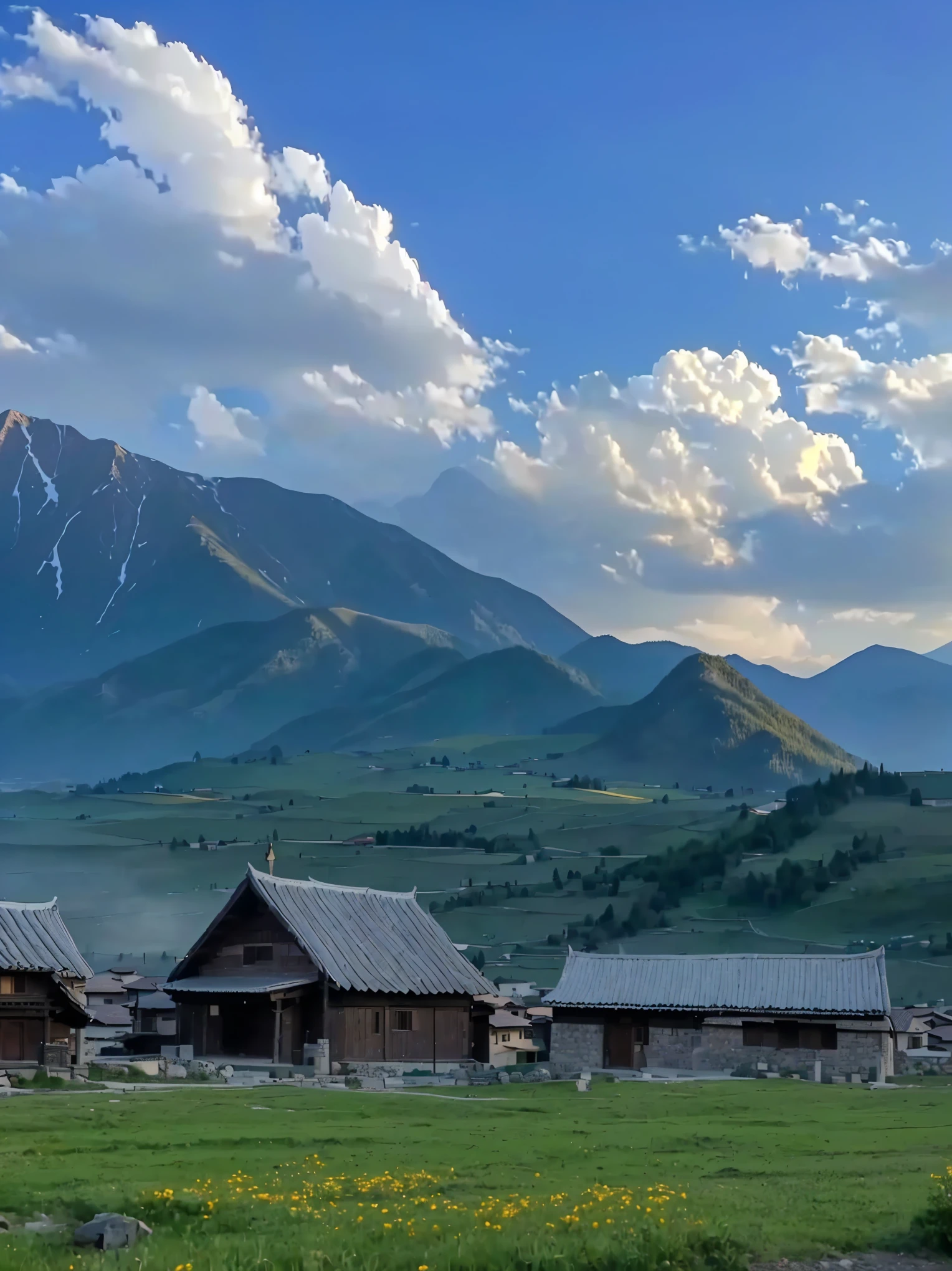 Mountains in the distance,There are several houses in the foreground, villages at background, village, Mountains in the background, 8K)), In the valley, Mountains in the background, Mountains in the background, very Very beautiful scenery, 背景中的village庄, Very beautiful scenery, Alexander Runciman, Valle encantador, In the mountains, 4 0 9 6