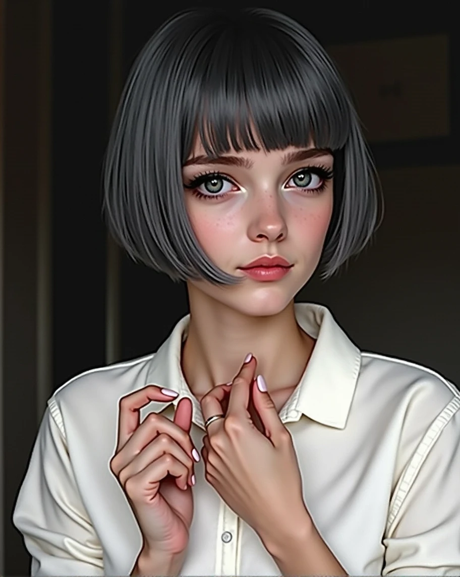 (RAW photo, best quality, masterpiece: 1.2), (photorealistic: 1.4), best lighting, 20 years old, (detail face, detail eyes, light gray eyes, light gray hair, short straight bob cut, Symmetrical eyes :1.3)