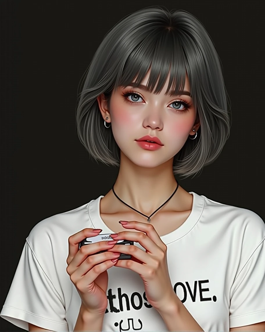 (RAW photo, best quality, masterpiece: 1.2), (photorealistic: 1.4), best lighting, 20 years old, (detail face, detail eyes, light gray eyes, light gray hair, short straight bob cut, Symmetrical eyes :1.3)
