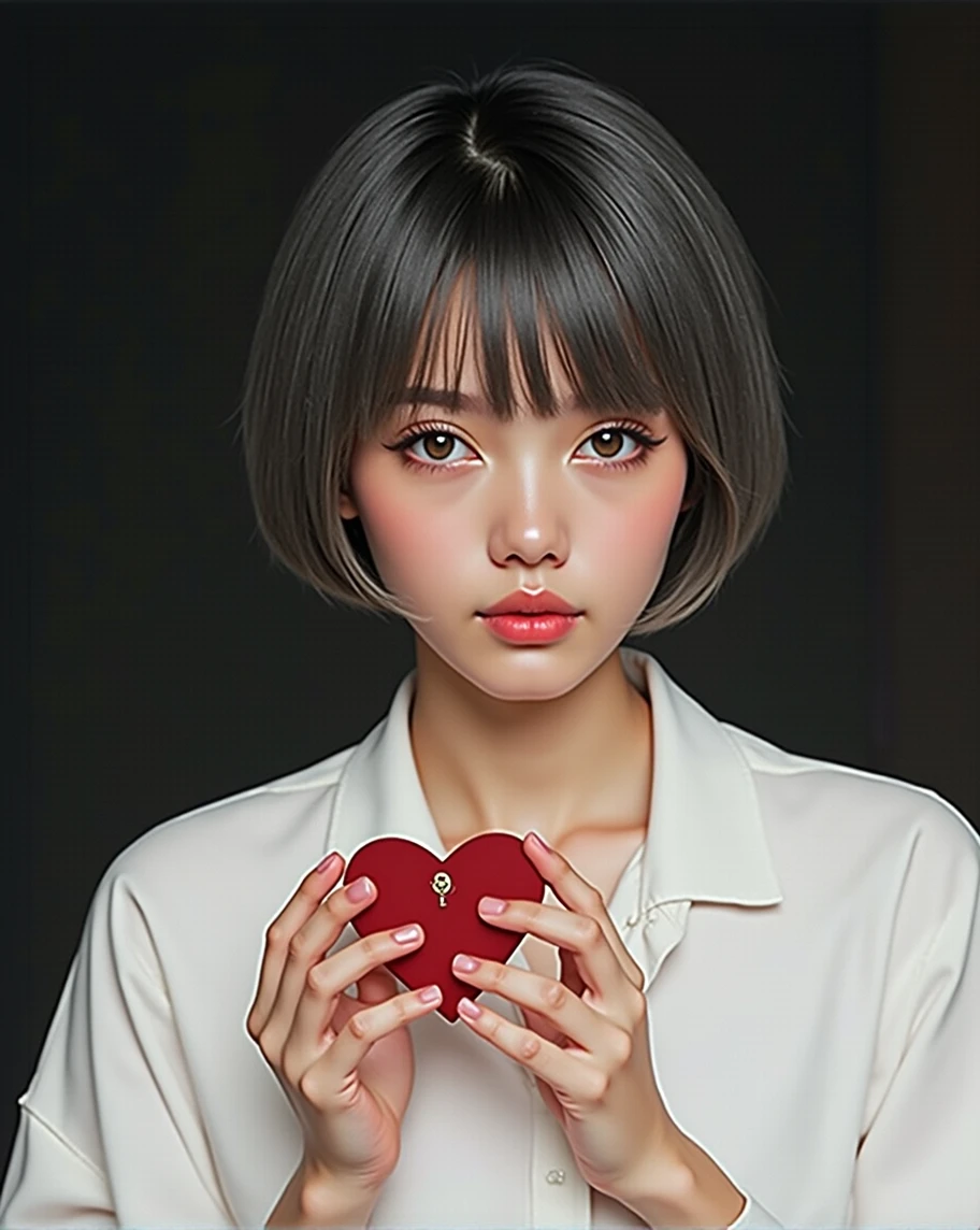 (RAW photo, best quality, masterpiece: 1.2), (photorealistic: 1.4), best lighting, 20 years old, (detail face, detail eyes, light gray eyes, light gray hair, short straight bob cut, Symmetrical eyes :1.3)