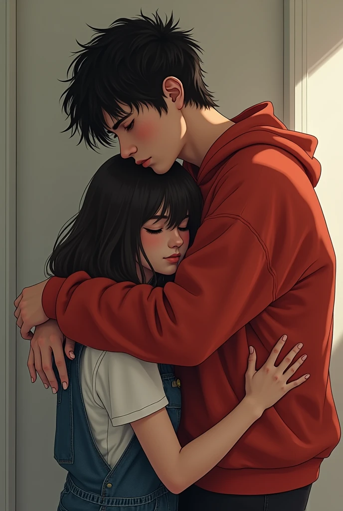 Man in red sweatshirt, emo hair and denim overalls girl, hug from behind
