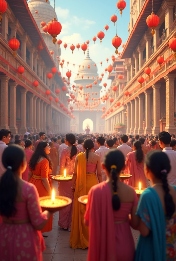 Draw a festive scene showing people celebrating a religious festival. Include traditional decorations, symbols like lanterns or diyas, and a joyful atmosphere."also Eid Christmas included