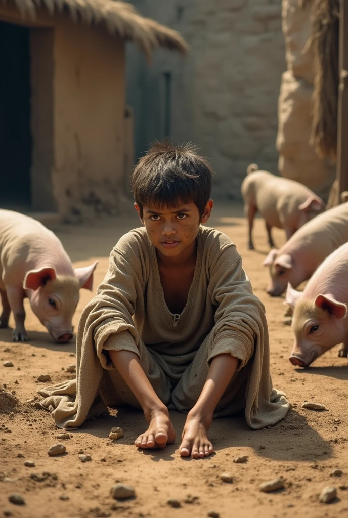 Draw the son, who is dirty himself, of the father, how he sits alone in the dirt among pigs in ancient times