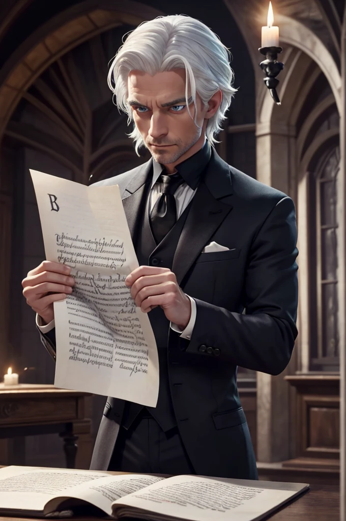 A man with blue eyes, wearing a black suit, with white hair and medium-length hair tied back, is holding a wand in his hand and casting a spell on the parchment on the table. His whole body is visible, in a dimly lit environment.