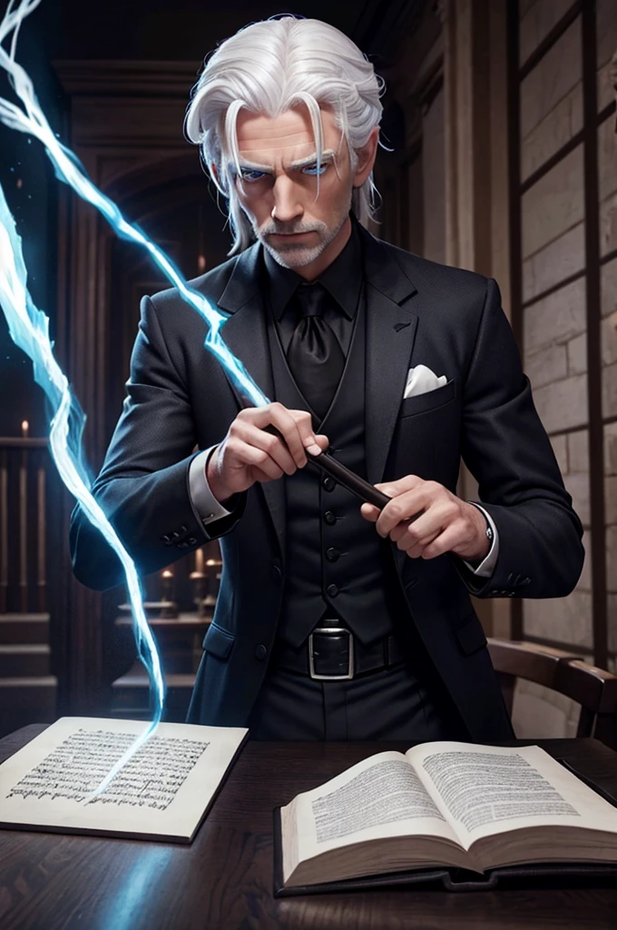 A man with blue eyes, wearing a black suit, with white hair and medium-length hair tied back, is holding a wand in his hand and casting a spell on the parchment on the table. His whole body is visible, in a dimly lit environment.