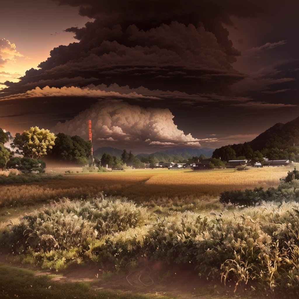 View of fields with dirt road and mountains in the background, Japanese countryside, Japanese countryside, towering Cumulonimbus clouds, Huge Cloud, Cumulonimbus, Beautiful fluffy clouds. anime, Japanese countryside, Tall fluffy clouds, I see a big cloud, giant Cumulonimbus cloud, big Cumulonimbus clouds