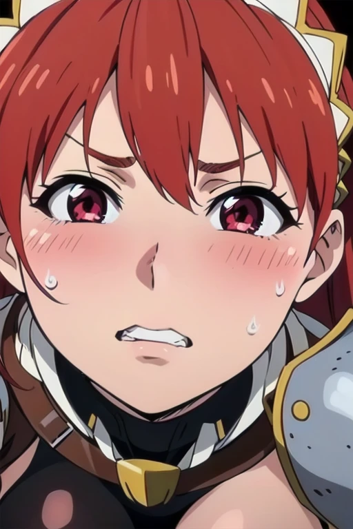 Cecily Campbell, big breasts, armor, breastplate, red hair, red eyes, 1girl, solo, looking at the viewer, upper body, (aroused facial expression), clenched teeth, blush, sweat, close-up, (simple dark background)