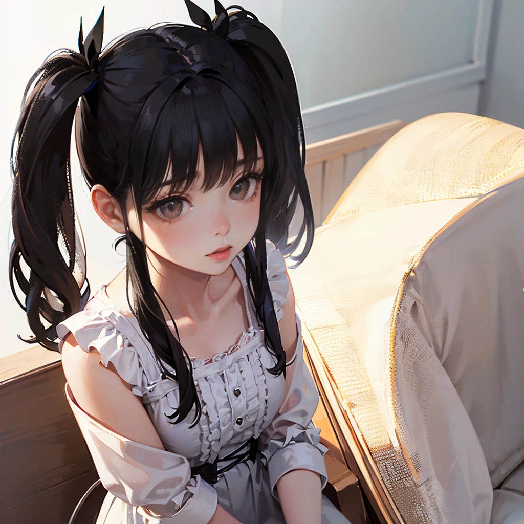 (8k, RAW Photos, Very delicate and beautiful, Ultra-high resolution, Highest quality, masterpiece: 1.2), (Real、Photorealistic: 1.4), (Highly detailed 8K wallpapers, 3d), Cute girl like a doll, highly detailed dress, Gothic, ta, Big ribbon, Twin tails, Blunt bangs, Highly detailed glossy black hair, Transparent white skin, Pink Cheeks, Big, round brown eyes, Tear bags, Long eyelashes, Thin lips, slightly raised corners of the mouth, round face, From above, Looking at the camera, The best light, Perfect composition,