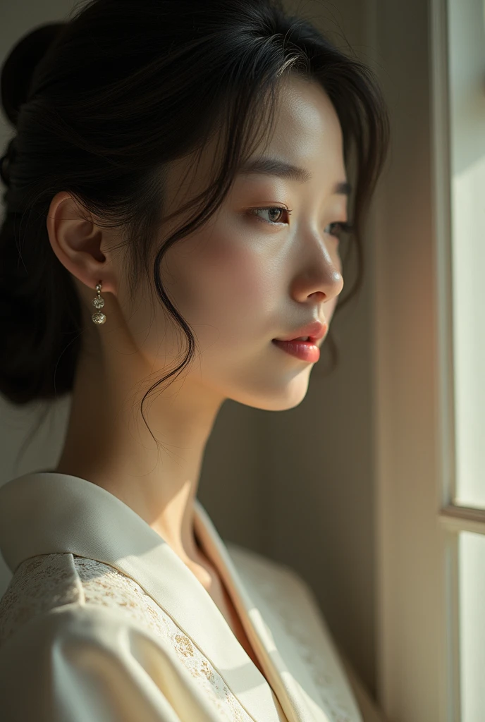 An elegantly dressed Japanese woman in natural light、A close-up of her chest and calm expression.、It shows her inner peace and outer charm.。