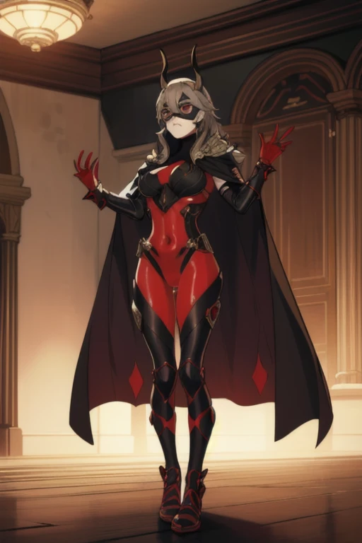 Highly detailed, High Quality, Masterpiece, beautiful, Thrasir, 1girl, solo, full body, feh, domino mask, cape, room, standing,1girl, Solo, 