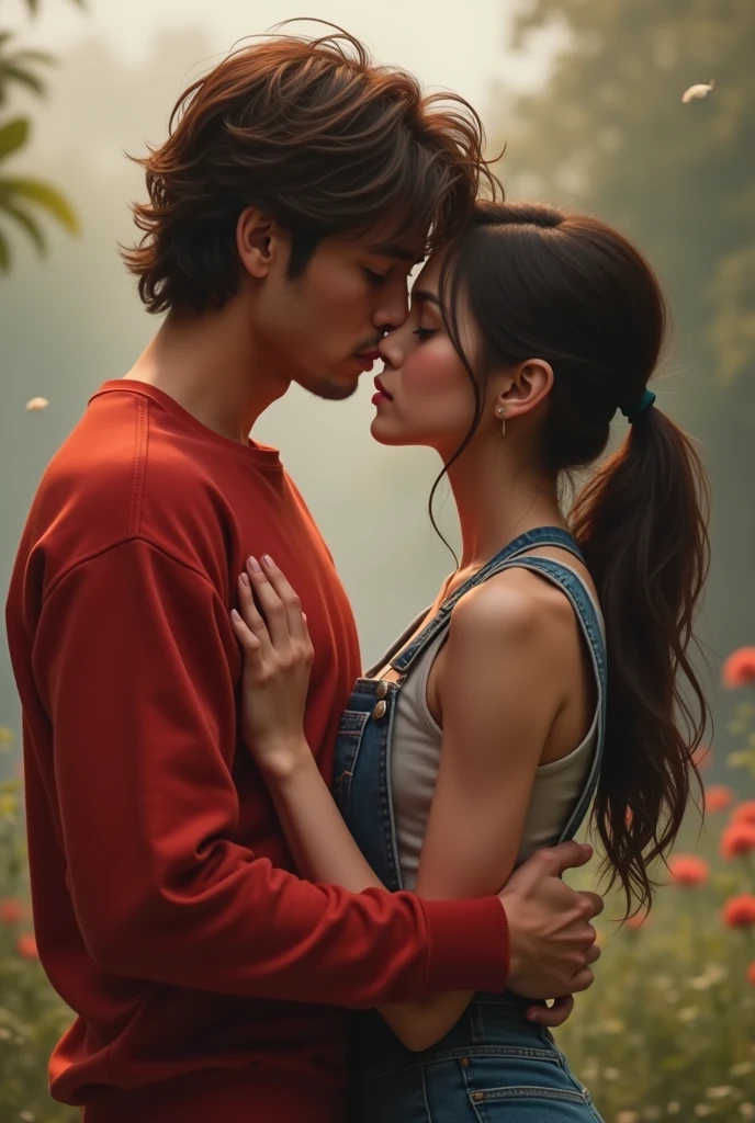 Man in red sweatshirt, semi-long hair and girl in denim overalls,kiss on the ear