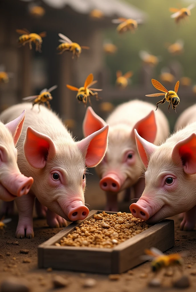 Pigs share their little food with wasps and hornets.