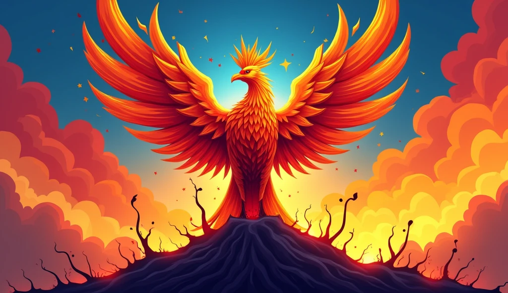 A poster and slogan of A phoenix rising from ashes, bathed in the colors of the Philippine flag in easy drawing for begginers