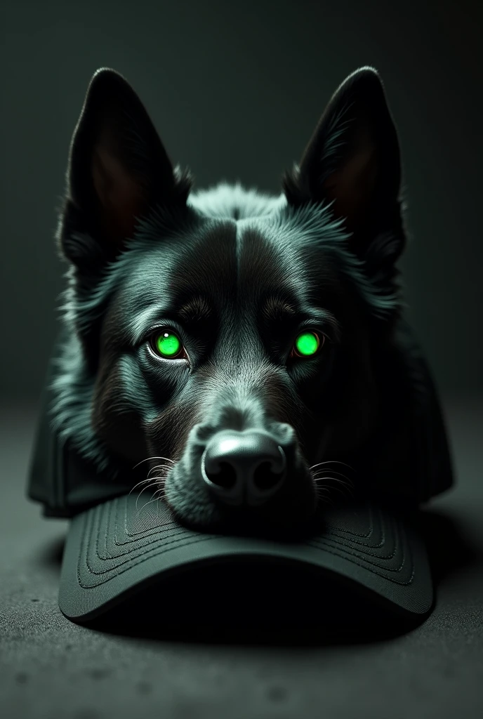 Cap with a realistic logo of an imposing black angry dog looking at the camera with green eyes formed with the letters cln