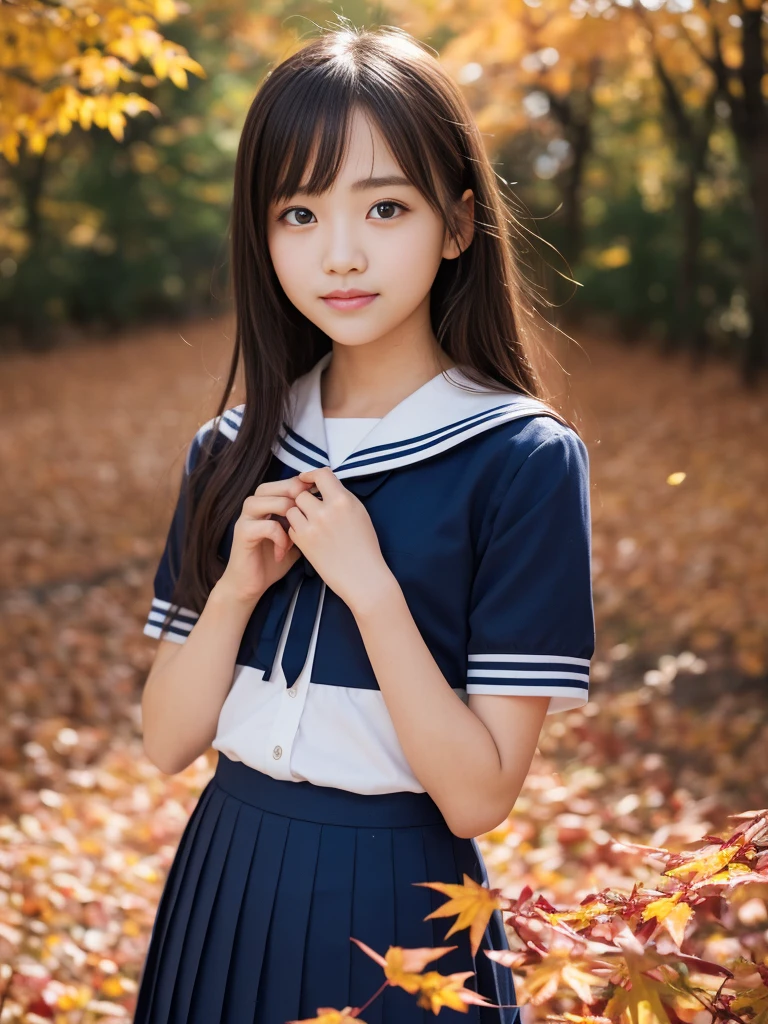 masutepiece, Best Quality, 8K, sixteen years old, , Raw photo, absurderes, award winning portrait, ssmile, Solo, Idol face, violaceaess, gardeniass, Delicate girl, Upper body, Digital SLR, Looking at Viewer, Candid, Sophisticated, zora々Right, Thin arms, Professional Lighting, Film grain, chromatic abberation, (Eyes and faces with detailed:1.0), (Bokeh:1.1), Japanese high school girl、White Sailor School Uniform:1.2、Navy blue pleated skirt, Beautiful autumn scenery、Autumn leaves、