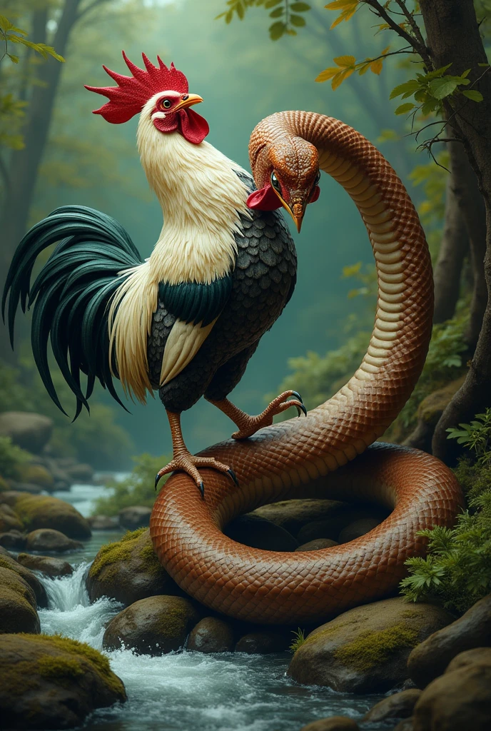 A beautifully dressed chicken was chased and eaten by a snake.