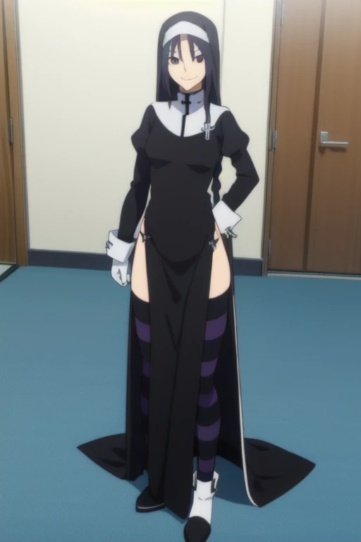 shinatsuhiko_yae, long hair, black hair, black eyes, nun, cross, striped thighhighs, long sleeves, dress, jewelry, side slit,white footwear,boots, room, white gloves, Solo, 1girl, smile, standing