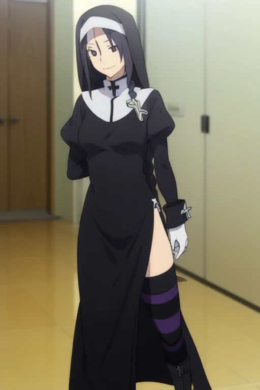 shinatsuhiko_yae, long hair, black hair, black eyes, nun, cross, striped thighhighs, long sleeves, dress, jewelry, side slit,white footwear,boots, room, white gloves, Solo, 1girl, smile, standing