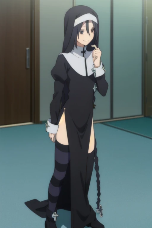 shinatsuhiko_yae, long hair, black hair, black eyes, nun, cross, striped thighhighs, long sleeves, dress, jewelry, side slit,white footwear,boots, room, white gloves, Solo, 1girl, smile, standing
