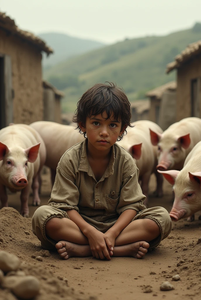 Draw the son a little older, who is dirty himself, how he sits alone in the dirt among pigs in ancient times