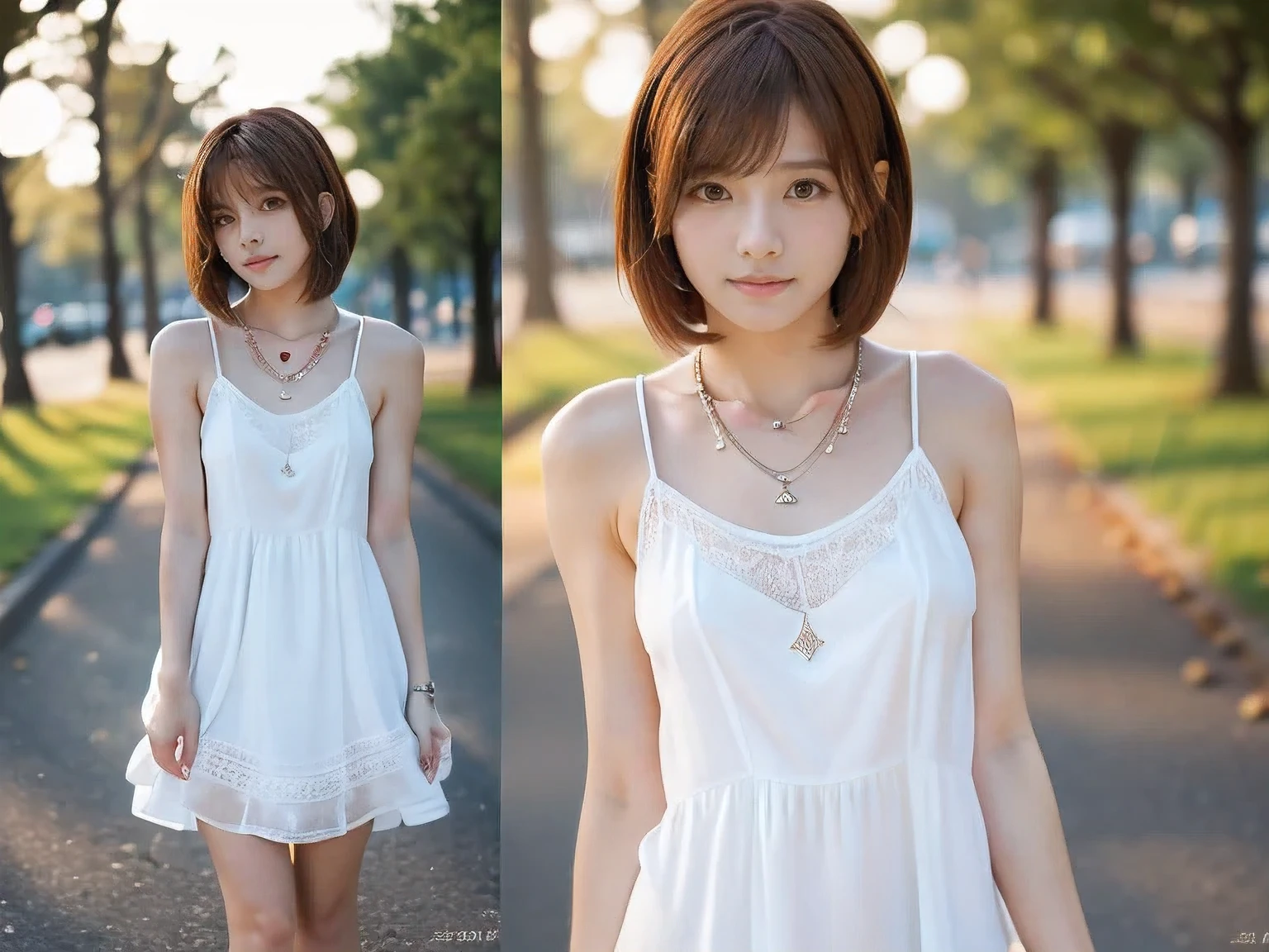 (at the park:1.5)、(In the summer day:1.5)、(A cute 20 year old woman:1.5)、(The best quality at its best:1.4), (Super detailed), (Very detailed CG unified 16k), Beautiful woman with perfect figure: 1.4, Sharp focus: 1.2, Very detailed, High-quality RAW color photos, Professional photography, Great face and eyes, cosmetics, (Amazingly beautiful girl), ((White dress:1.5)), Realistic movie faces, Full body long view from head to toe, Realistic, ((Realistic natural orange red hairstyle)), ( Short Bob Hair:1.5), (necklace:1.5)、, Very beautiful face, Perfect model beauty, Mouth swelling, Very detailed face and skin texture, Fine grain, double eyelid, Medium chest, (masterpiece), Highest quality, High resolution, Very detailed, Blurred Background, Depth of written boundary, Cinema Lighting, Great legs, , Clear, well-maintained skin,((Full body shot from head to toe:1.5))