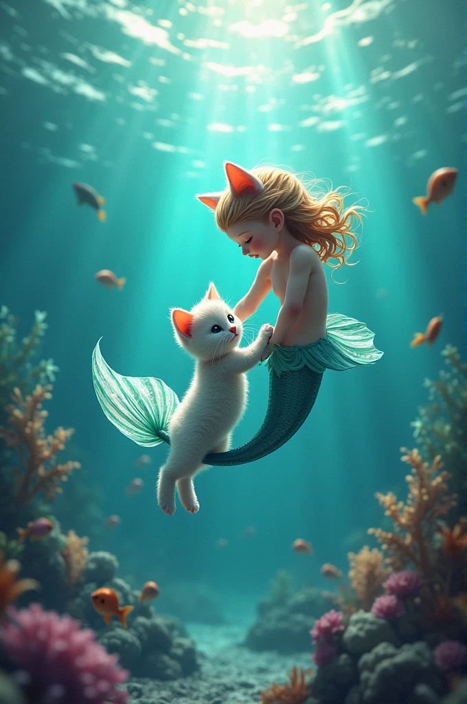 Kitten playing with mermaid under the sea