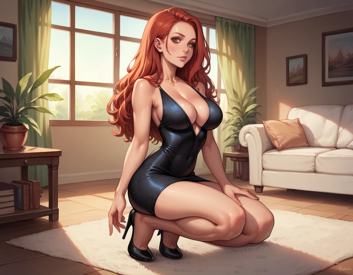 (1 girl, solo, (sexy stand posing) ), (girl is (redhead long hair), perfect body, (detailed olive eyes), (detailed face), (black mini dress, cleavage), alluring), (background luxury modern living room, full of women's dresses and shoes), (high detail)