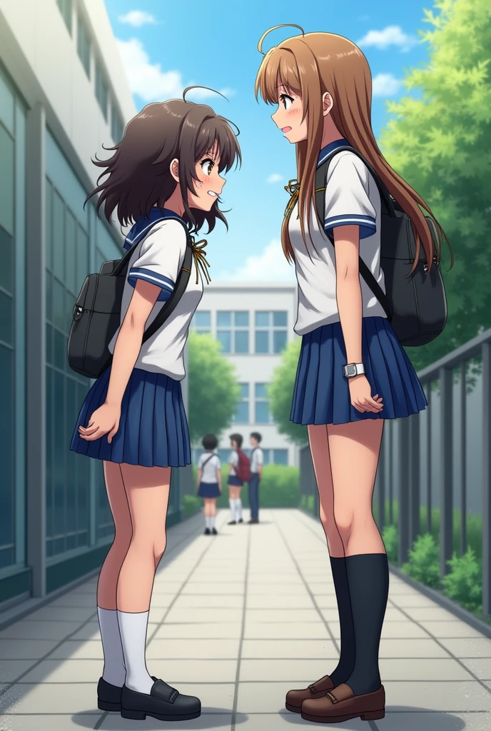 A brown-haired long-haired school girl is teasing a crying curly-haired school girl. 