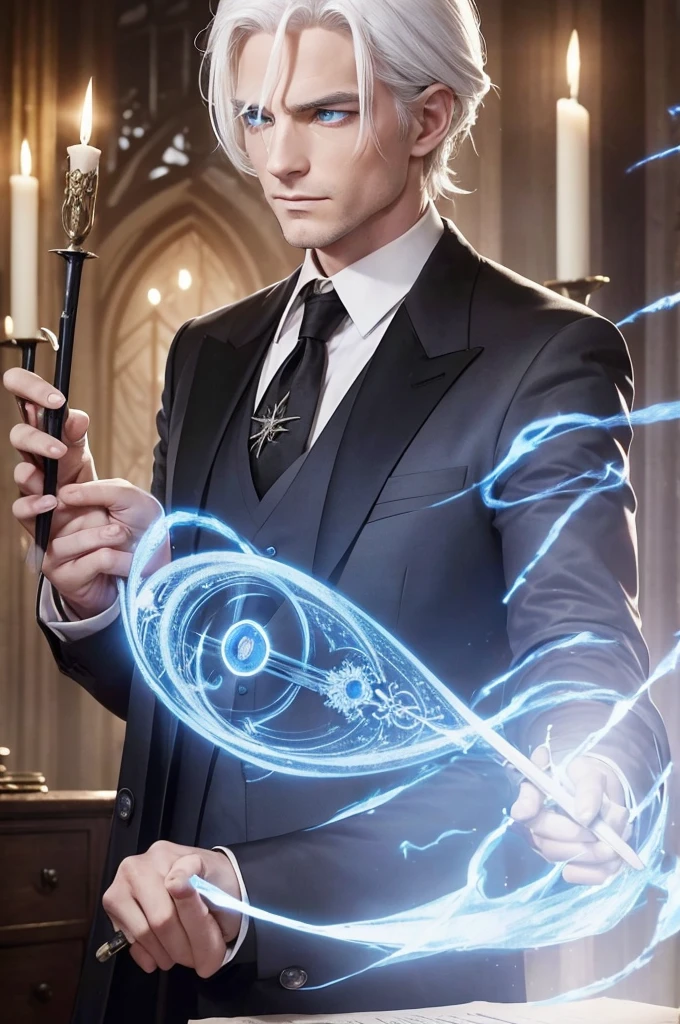 A man with blue eyes, wearing a black suit, with white hair and medium-length hair tied back, is holding a wand in his hand and casting a spell on the parchment on the table. His whole body is visible, in a dimly lit environment.