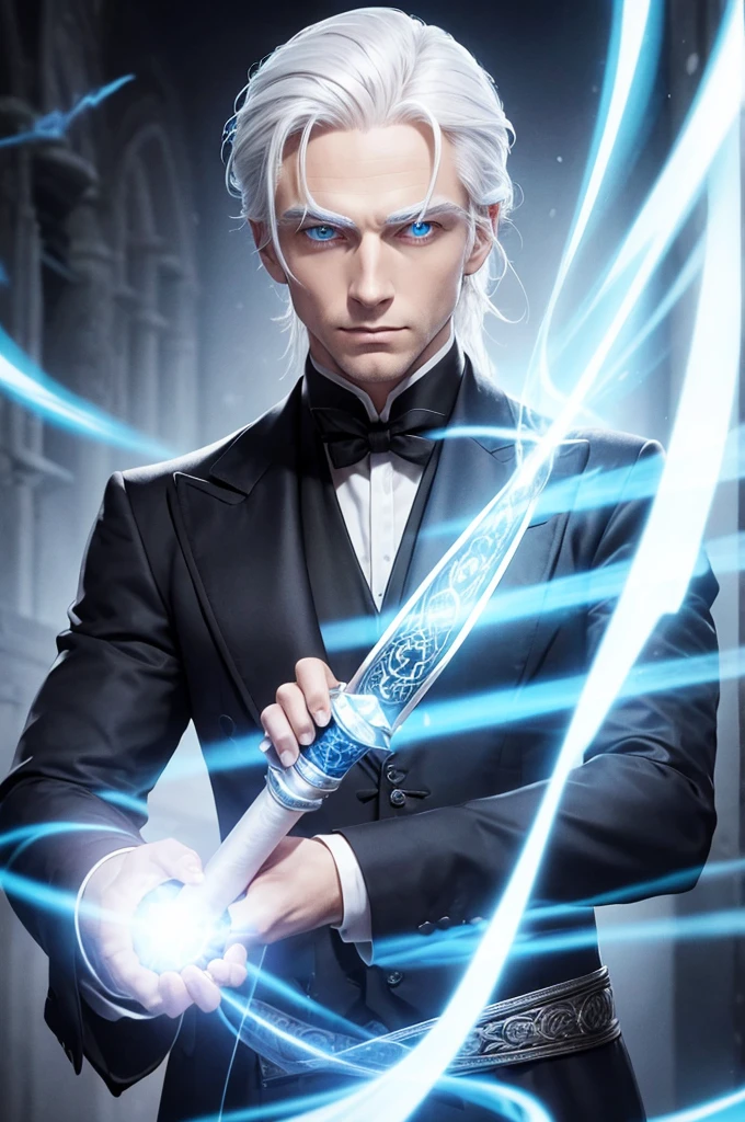 A man with blue eyes, wearing a black suit, with white hair and medium-length hair tied back, is holding a wand in his hand and casting a spell on the parchment on the table. His whole body is visible, in a dimly lit environment.