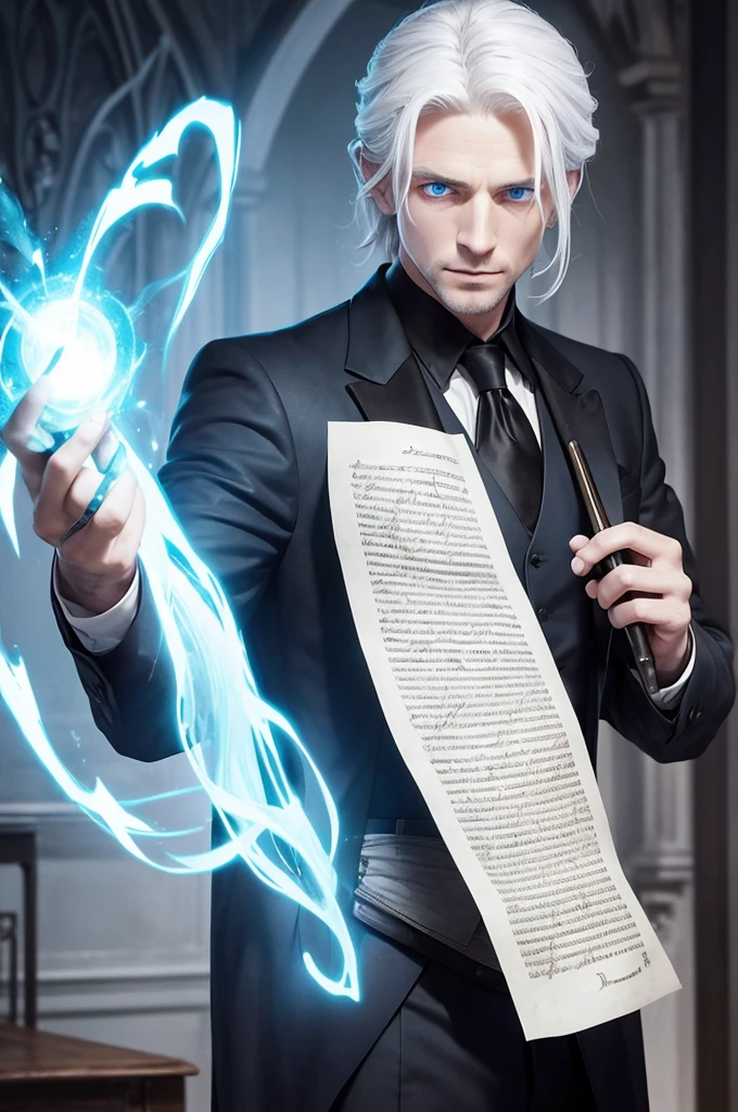 A man with blue eyes, wearing a black suit, with white hair and medium-length hair tied back, is holding a wand in his hand and casting a spell on the parchment on the table. His whole body is visible, in a dimly lit environment.