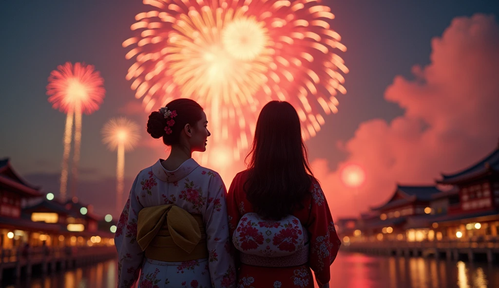 (best quality, masterpiece, ultra detailed, ultra high res, photorealistic, raw photo, absurdres, absolutely resolution), Japanese man and woman wearing kimonos are smiling and watching the fireworks