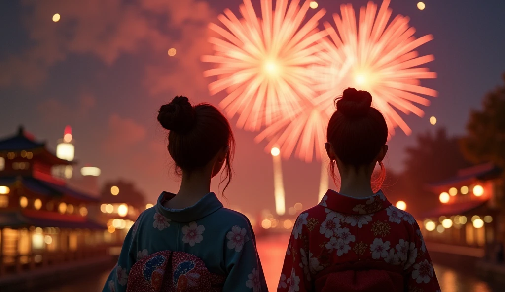 (best quality, masterpiece, ultra detailed, ultra high res, photorealistic, raw photo, absurdres, absolutely resolution), Japanese man and woman wearing kimonos are smiling and watching the fireworks