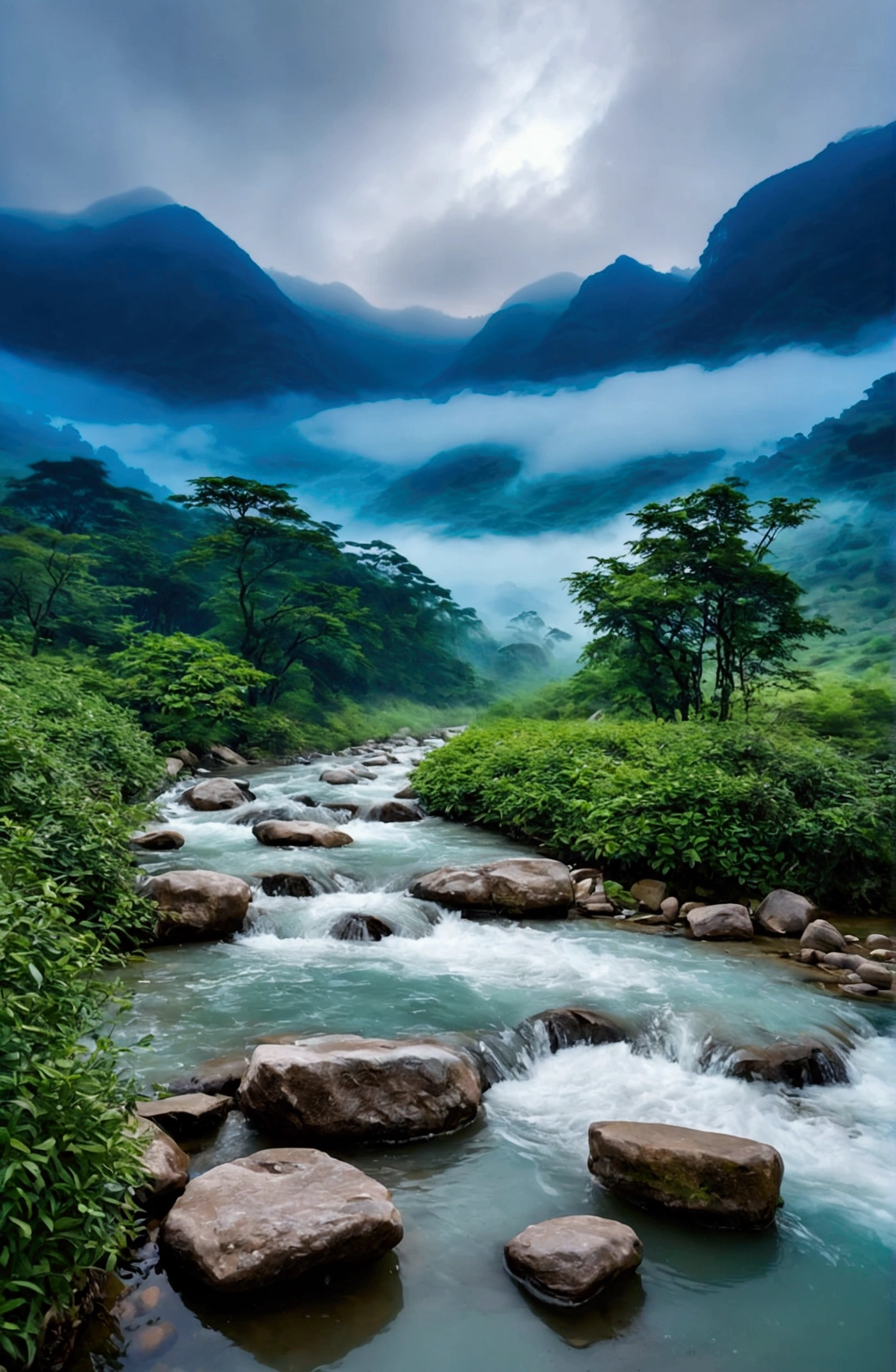 stream,There are several stone mountains behind,Clouds and mist,Spectacular