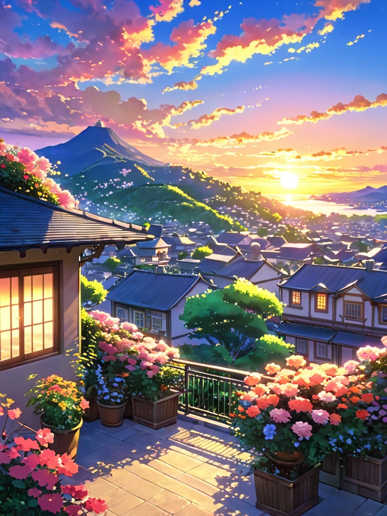 a painting of a sunset over a city, floral sunset, hd anime cityscape, anime scenery, anime landscape, beautiful anime scenery, anime background art, anime scenery concept art, beautiful anime art, tomas kinkade, watching the sun set. anime, beautiful anime artwork, background of flowery hill, beautiful terrace, anime style cityscape, anime beautiful peace scene, no people