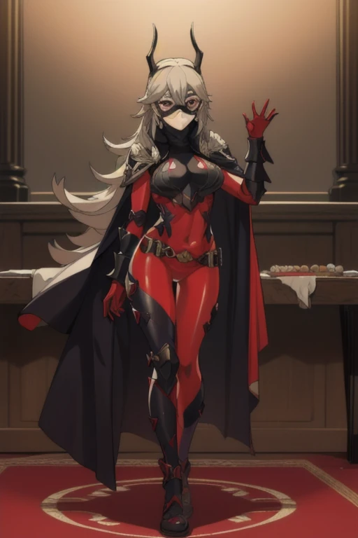 Highly detailed, High Quality, Masterpiece, beautiful, Thrasir, 1girl, solo, full body, feh, domino mask, cape, room,1girl, Solo, 