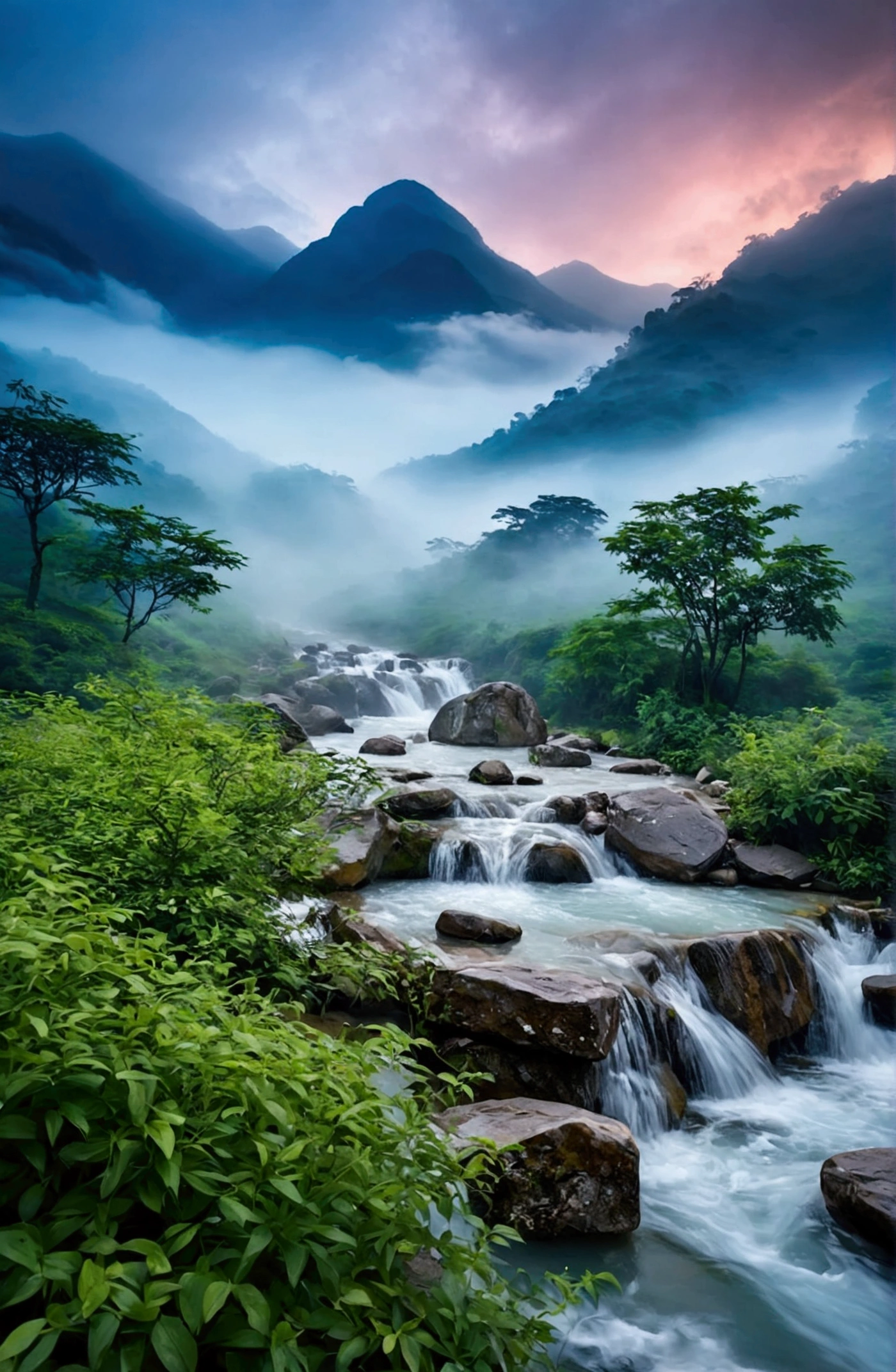 stream,There are several stone mountains behind,Clouds and mist,Spectacular